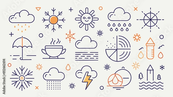 Fototapeta WEATHER - thin line vector icon set. Pixel perfect. Editable stroke. The set contains icons: Sun, Moon, Cloud, Winter, Summer, Rain, Snow, Blizzard, Umbrella, Snowflake, Sunrise, Wind.