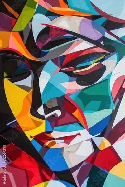Fototapeta Vibrant artwork depicting a face in a cubist style with a multitude of colors and shapes