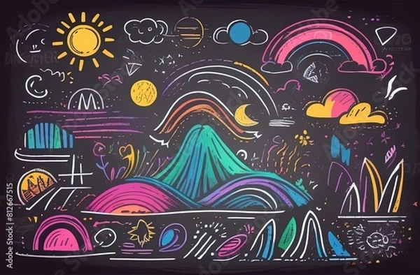 Fototapeta school board with drawing Back to School Title Words with Realistic School Items With Colored Pencils, Scissor, Pen and Ruler in a dark Texture Background. Happy Teacher's Day