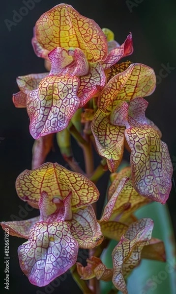Fototapeta Detailed view of a cluster of yellow orchids with red veins, highlighting the patterned petals