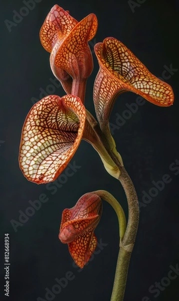 Fototapeta An exquisite capture of the unique structure and captivating pattern of Sarracenia pitcher plants, standing out against a dark backdrop