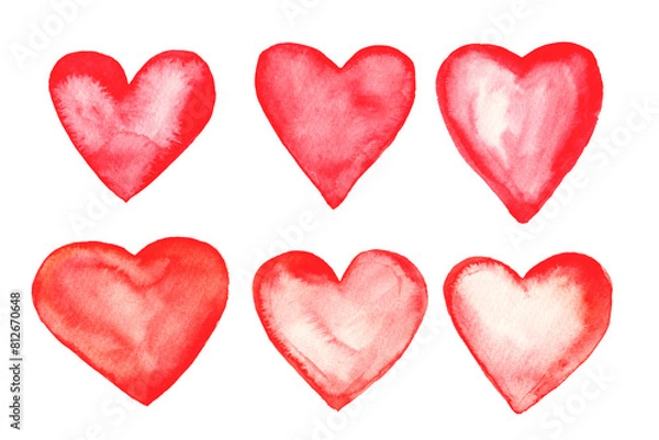 Fototapeta Set of hand drawn watercolor red hearts. Raster illustration, watercolor on paper. Bright watercolor drawings, wet paper. Cards for Valentine's Day.