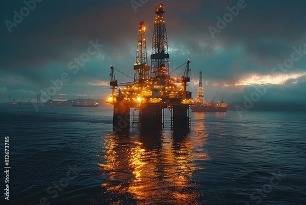 Fototapeta This captivating image showcases an offshore oil drilling rig illuminated against the dusky skies, reflecting on the calm sea