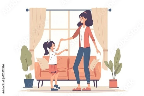 Fototapeta A woman and a little girl standing in front of a couch. Suitable for family, home, and lifestyle concepts