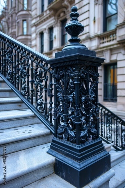 Fototapeta A black railing on the stairs of a building with some steps, AI