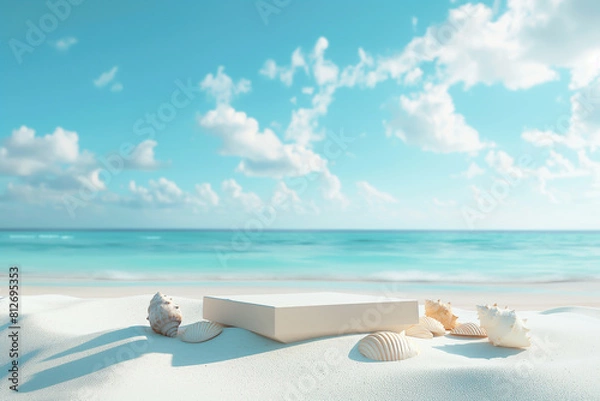 Fototapeta 3d rendering of a podium on a tropical beach with white sand and blue ocean water