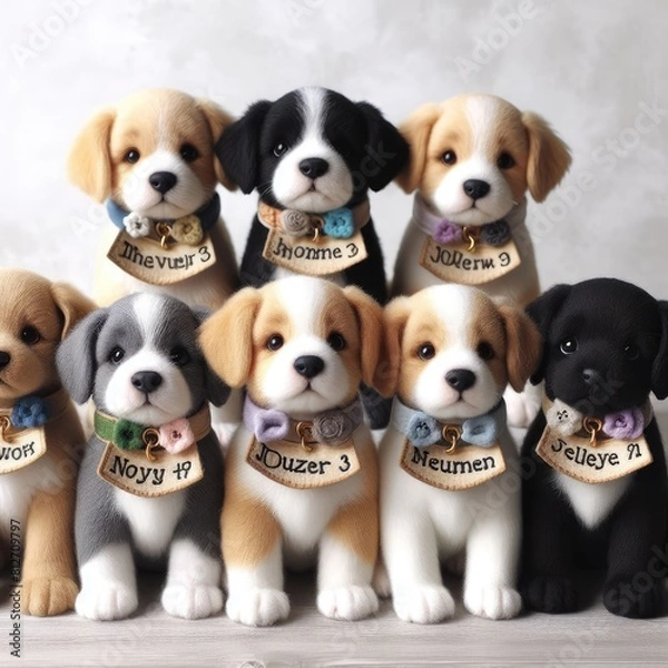 Fototapeta Many stuffed dogs with name tags art realistic harmony used for printing illustrator.
