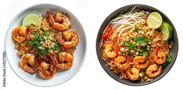 Fototapeta Pad thai stir-fried rice noodle on black plate isolated on transparent background