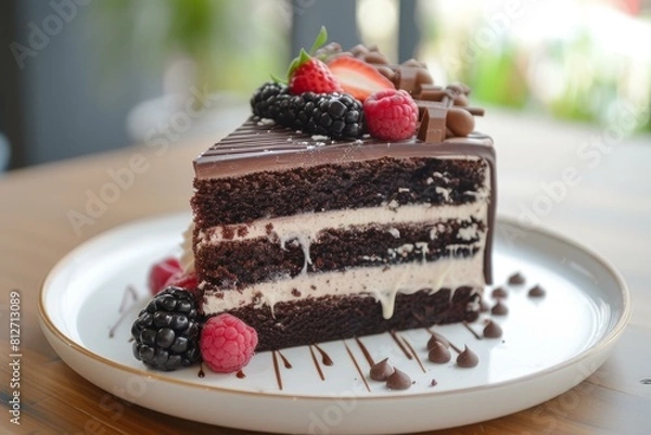 Fototapeta Delicious slice of chocolate layer cake garnished with juicy strawberries, raspberries, and blackberries