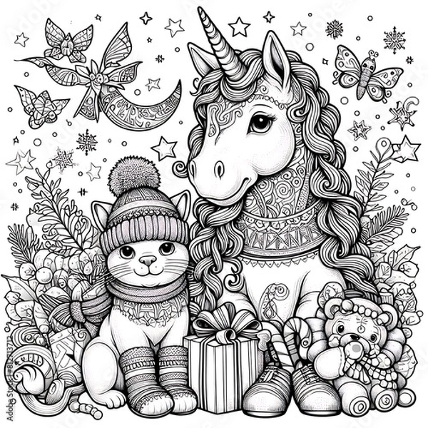 Fototapeta A coloring page of a unicorn and a cat image photo photo has illustrative meaning illustrator.