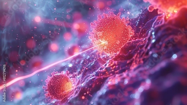 Fototapeta Extreme closeup of laser light targeting ovarian cancer cells, top view, Ovarian cancer laser attack