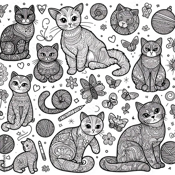 Fototapeta A collection of cats and objects art attractive has illustrative meaning used for printing illustrator