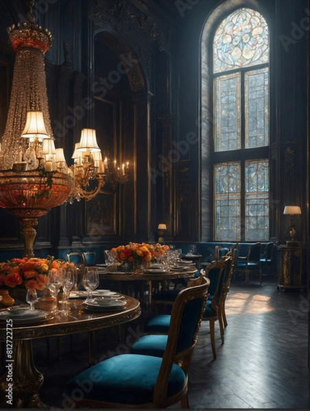 Fototapeta Elegant Vintage Dining Room with Stained Glass Windows and Chandeliers