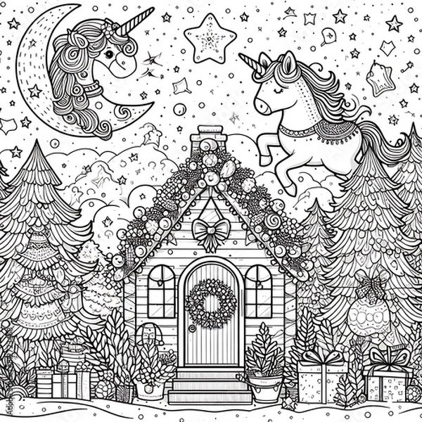 Fototapeta A coloring page of a house with a unicorn and a moon image realistic photo harmony illustrator