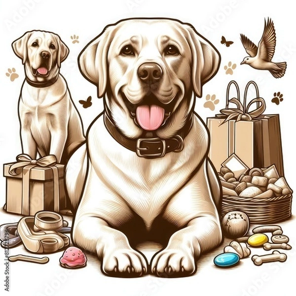 Fototapeta A dog with a leash and a basket of food image art realistic attractive harmony illustrator.