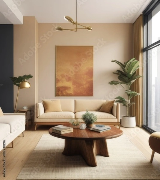Fototapeta modern living room interior with beige walls, wooden table and wood stump coffee tables in a minimalistic style