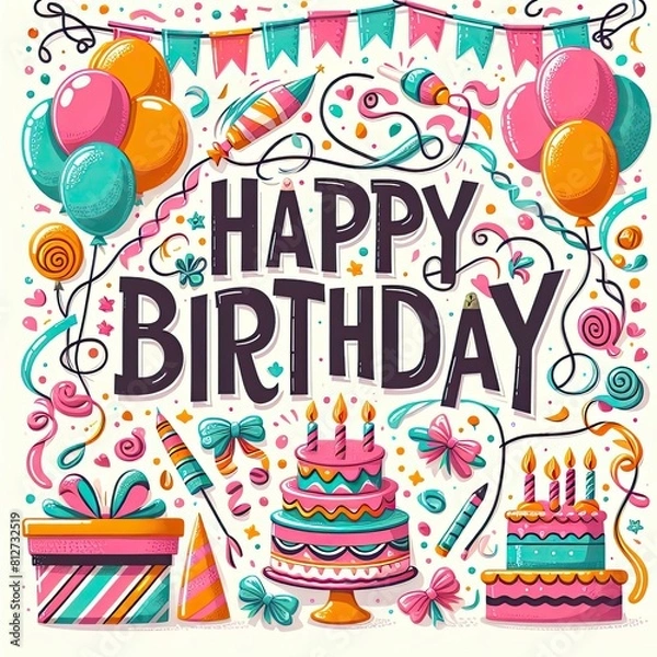 Fototapeta Birthday cards card with balloons and confetti image art realistic lively illustrator .