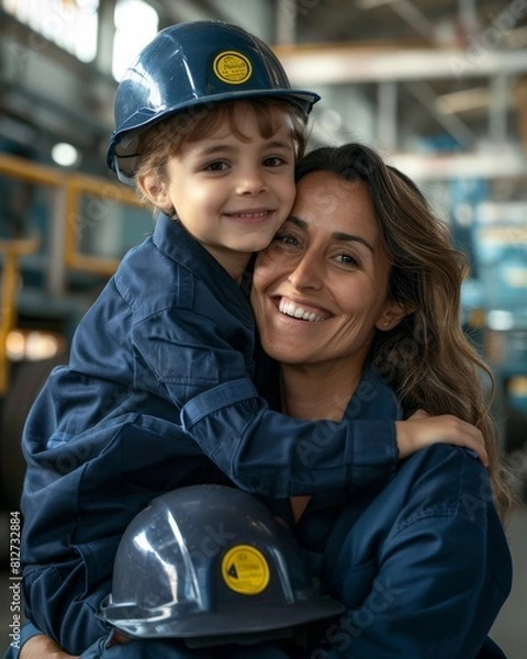 Fototapeta Joyful smiling mother embracing her child, both in matching safety gear, showcasing family support in a work environment
