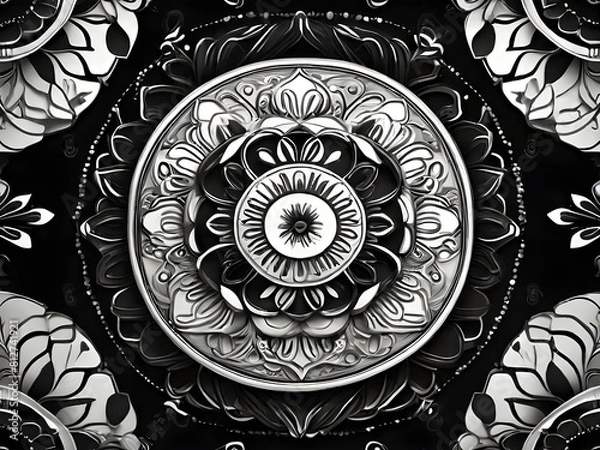 Fototapeta Black and white mandala for textiles, wallpapers and designs backdrop in UHD format. line art Generative AI 