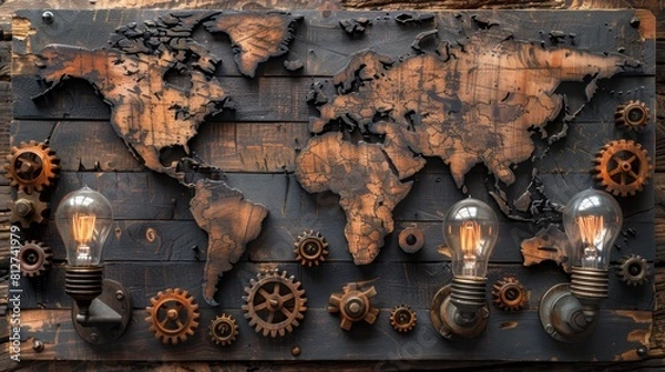 Fototapeta Global collaboration  world map with gears and light bulb representing travel and cooperation