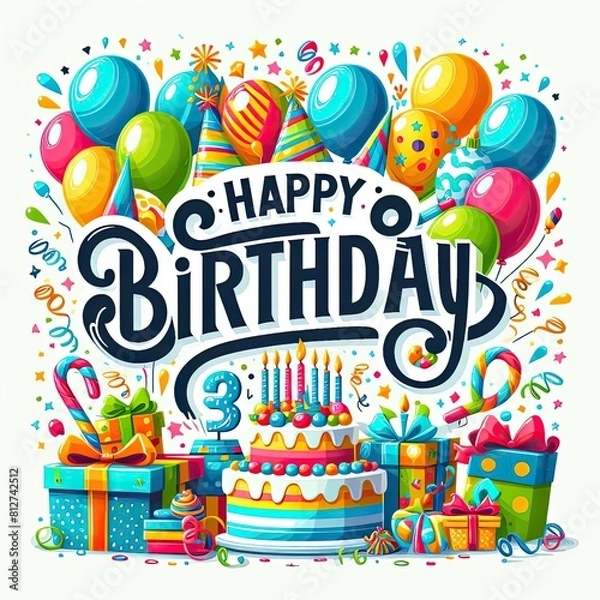 Fototapeta Birthday cards card with balloons and gifts image art used for printing card design illustrator.