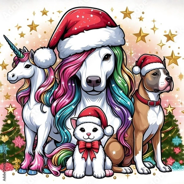 Fototapeta Many animals include dogs cats unicorns with santa hats and unicorns art realistic photo lively card design illustrator.