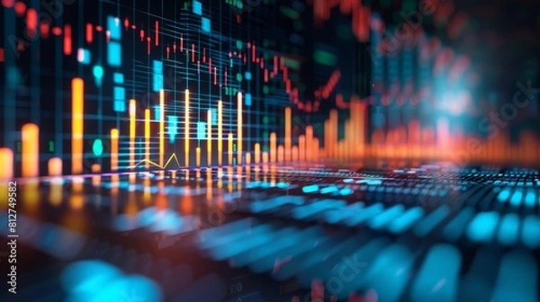 Fototapeta Digital background featuring stock market graphs and bar charts, creating an atmosphere of financial analysis and investment