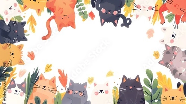 Fototapeta Cute Kittens Lounging in Cozy Domestic Setting with Colorful Nature Motifs