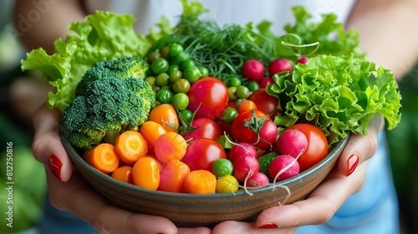 Fototapeta A woman standing and holding a bowl filled with various fresh vegetables like tomatoes, carrots, and cucumbers