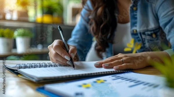 Fototapeta Focused individual writing in a notebook in a bright room. Casual style, planning concept, close-up. Study or work space scene. Perfect for educational content. AI