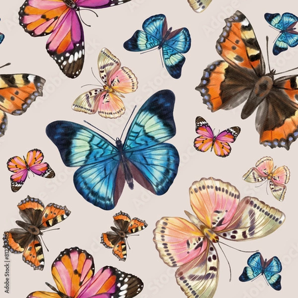 Obraz Cute butterflies hand drawn watercolor seamless pattern. Animalistic design raster texture. Beautiful  creatures wallpaper design