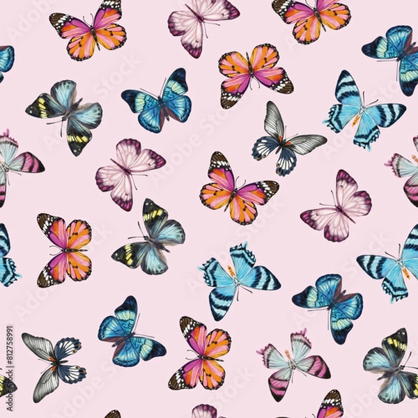 Fototapeta Cute butterflies hand drawn watercolor seamless pattern. Animalistic design raster texture. Beautiful  creatures wallpaper design