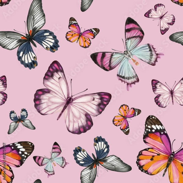 Fototapeta Cute butterflies hand drawn watercolor seamless pattern. Animalistic design raster texture. Beautiful  creatures wallpaper design