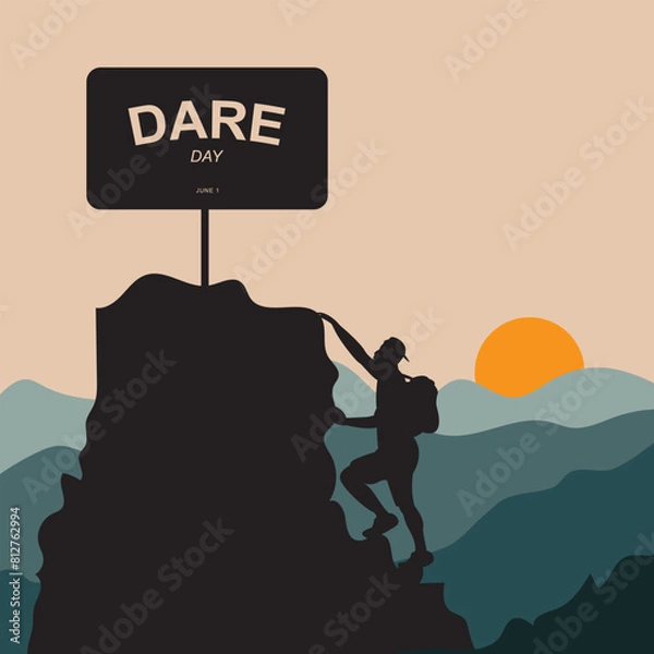 Fototapeta Dare Day on june 1, with vector illustration of a silhouette of a person climbing to reach the top of a mountain which signifies a dare as commemorating and celebrating Dare day.