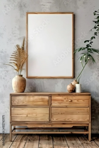 Fototapeta Rustic elegance in a modern loft wooden dresser and blank canvas await inspiration