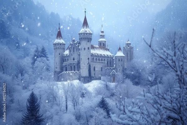 Obraz Majestic medieval castle amidst a tranquil snowfall in a serene, frosty woodland setting