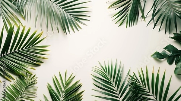 Obraz Tropical palm leaves on ivory background Summer concept Flat lay top view copy space : Generative AI