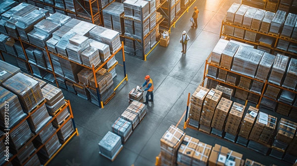 Obraz Busy Warehouse Workers Managing Inventory in Industrial Storage Facility