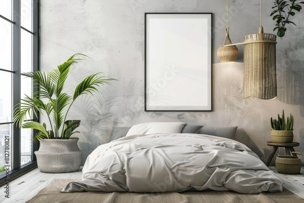 Fototapeta mockup, white blank poster on the wall in a beautiful delicate interior of a bedroom in light shades with a large bed and large windows