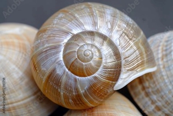 Fototapeta a spiral-shaped seashell or snail shell, The fine details and patterns on the surface of the shell are visible, showing its intricate