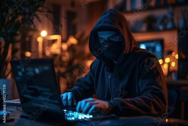 Fototapeta Cybersecurity Professional Working on Laptop at Night