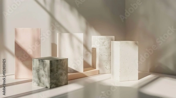Fototapeta four geometric stone podium for product display Good for beauty product display cosmetic and skincare product mockup : Generative AI