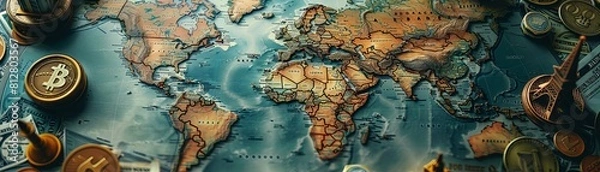 Fototapeta A world map with various physical and political features. The map is surrounded by various forms of currency.