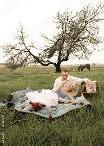 Fototapeta Happy couple enjoying a picnic in a farming field