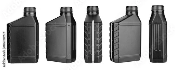 Obraz Plastic black containers for engine oil. Set from different angles. Isolated on white background.