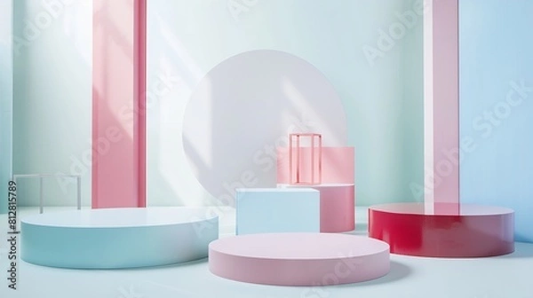 Fototapeta Abstract background trendy composition with geometric shapes forms podium platform on white background : Generative AI