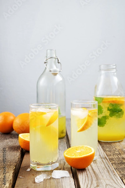 Obraz Cold orange soda in a glass on a wooden background