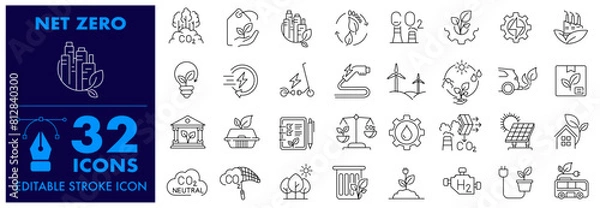 Fototapeta NET ZERO Editable Stroke Icon, CO2, environment, Windmill, Carbon Capture, Windmill, Eco friendly, Carbon Filter, Battery, renewable, Solar Panel, sustainability.