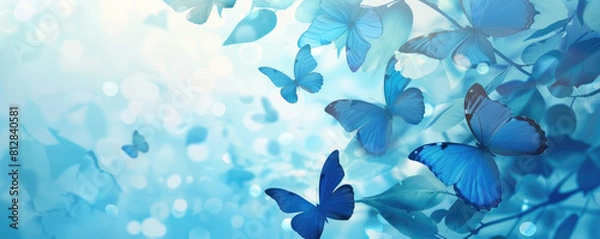 Obraz butterfly background. Background of delicate blue butterflies on a blue background with copy space
