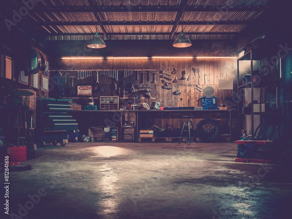 Fototapeta Workshop scene. Old tools hanging on wall in workshop, Tool shelf against a table and wall, vintage garage style